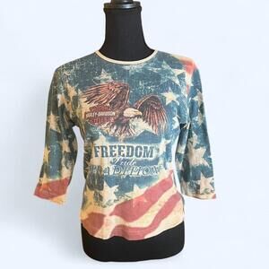 Vintage Y2K Harley Davidson Rhinestone 3/4 sleeve top Size Small